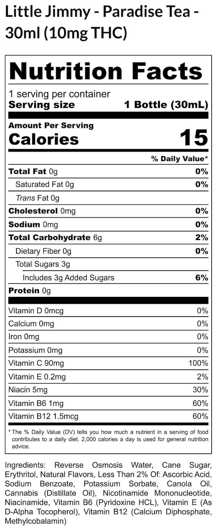 Little Jimmy Paradise Tea 30ml 10mg THC Nutrition Label